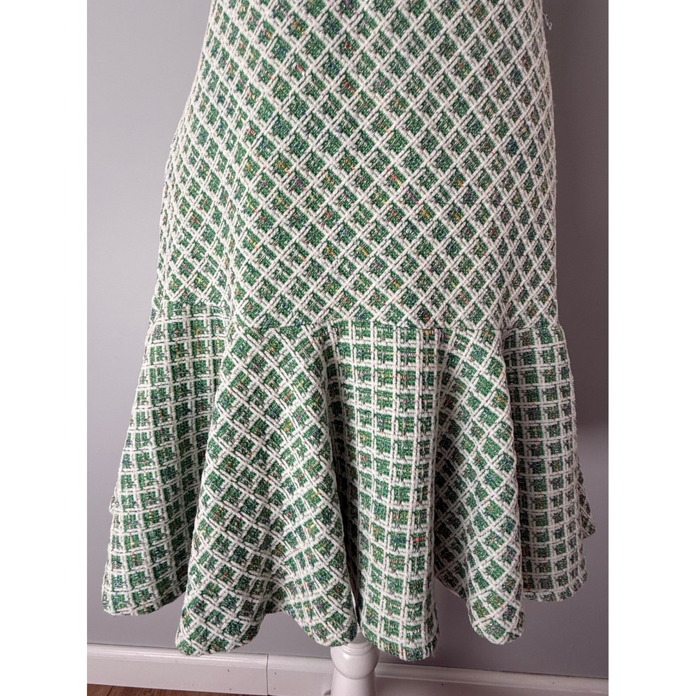 Taylor Plaid Tweed V-Neck Flounce Hem Sleeveless Mini Dress Green White Size 8 - Picture 4 of 14